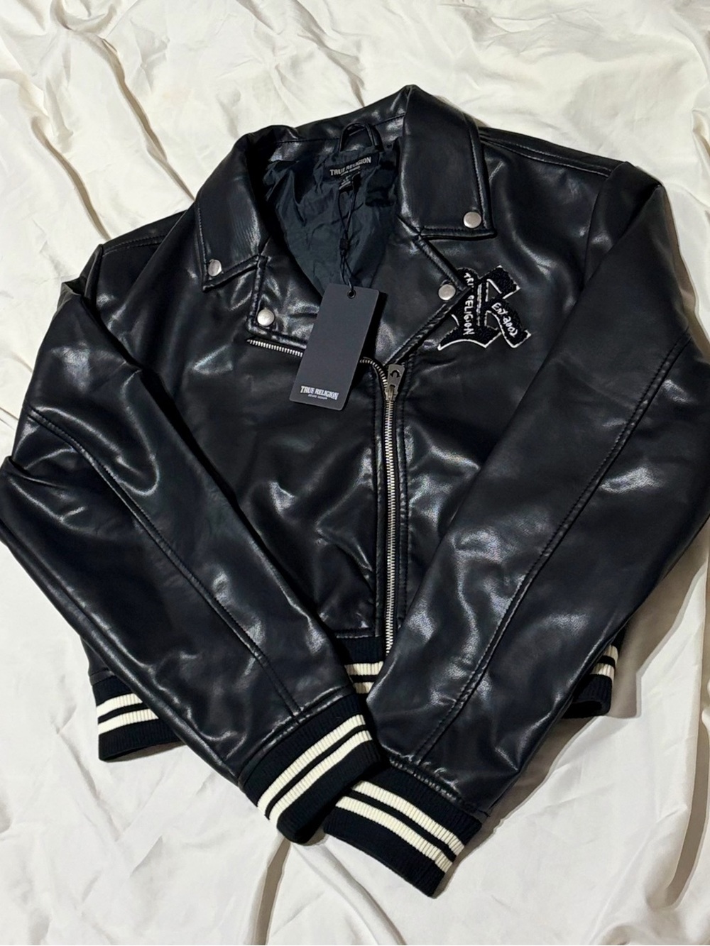 True Religion NWT Black Faux Leather Moto Biker Jacket Logo Size L